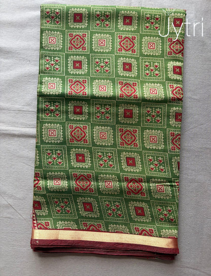 Green Mulmul Cotton Saree with Zari Border