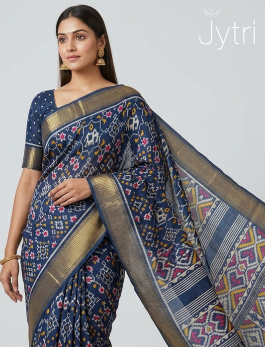 Ikat Print Light Navy Blue Saree