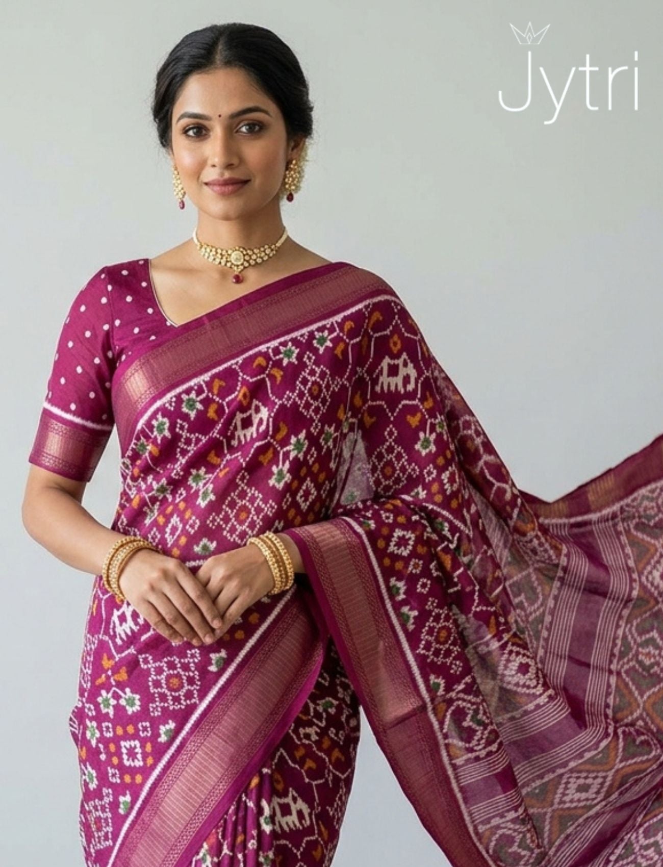 Ikat Print Saree Dark Berry Pink