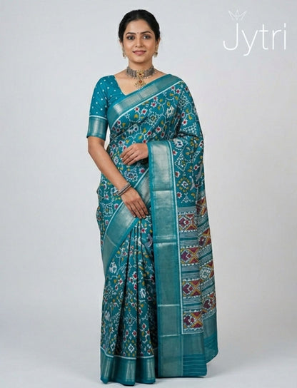 Ikat Print Teal Blue Saree