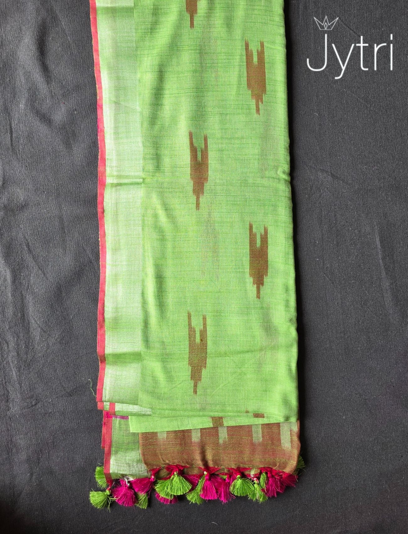 Ikkat Print Saree Lime Green