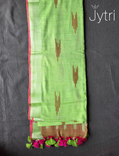 Ikkat Print Saree Lime Green