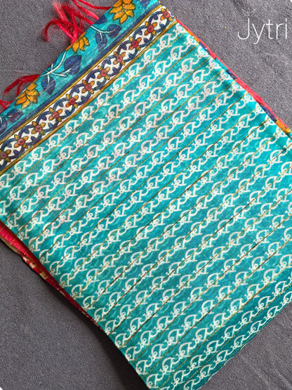 Kalamkari Print Teal Green Saree