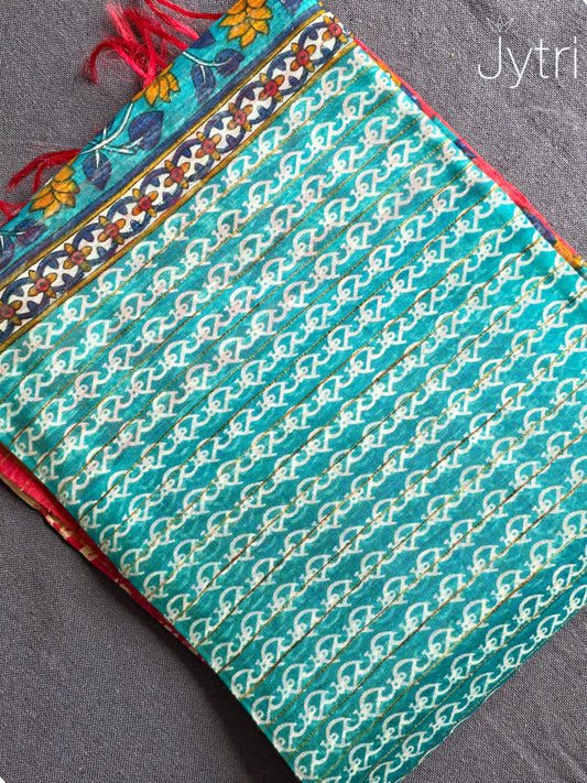Kalamkari Print Teal Green Saree