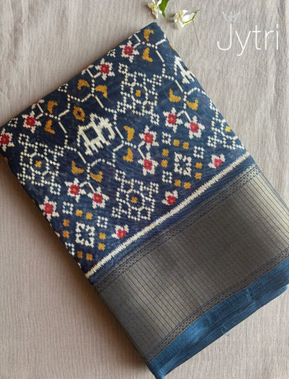Light Navy Blue Saree with Ikat Prints