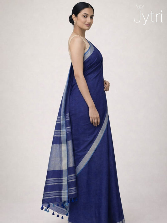 Lightweight blue Bhagalpuri cotton saree with silver stripes for office and casual wear