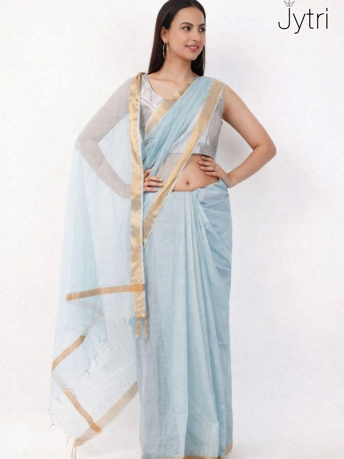Lightweight transparent Kota Doria saree in pastel blue for summer and office wear