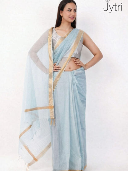 Lightweight transparent Kota Doria saree in pastel blue for summer and office wear