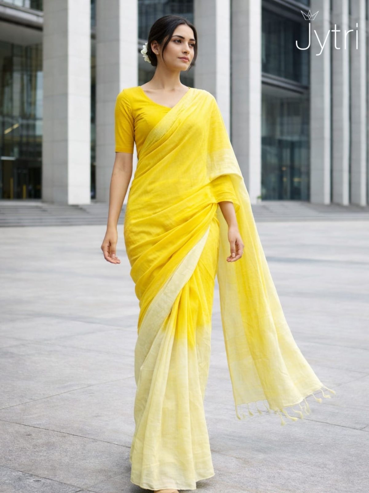 Elegant lightweight yellow gradient saree for women ideal for office wear, parties, and summer outings