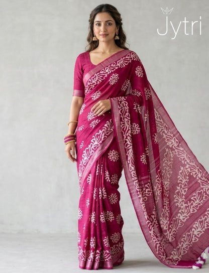 Magenta Pink Saree with Batik Prints and Tassels