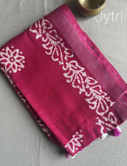 Magenta Pink Saree with Batik Prints