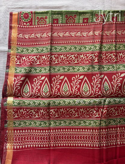 Mulmul Cotton Saree Green and Red