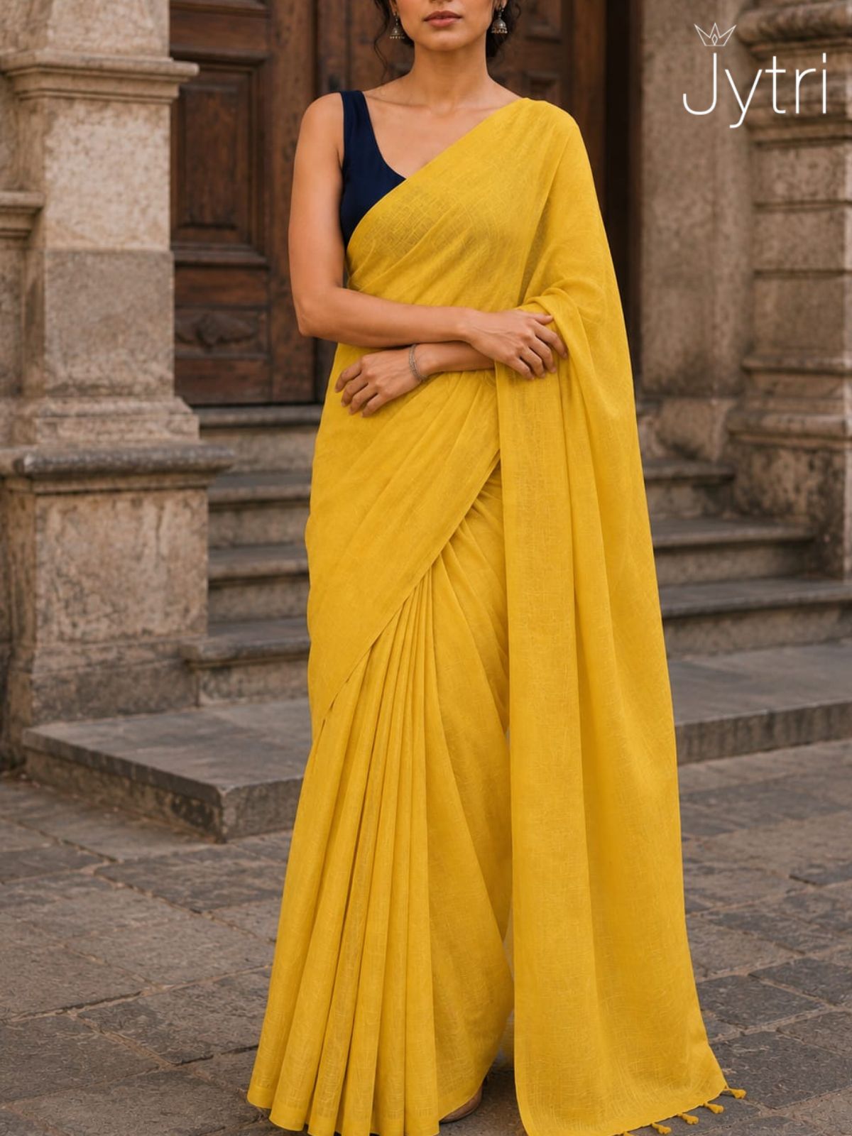 Mustard Yellow Cotton Saree with Tassels
