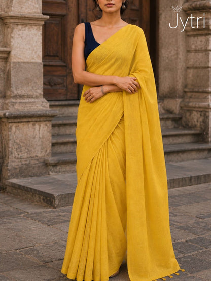 Mustard Yellow Cotton Saree with Tassels