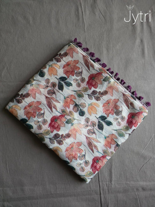 Off White Jute Cotton Multicolor Floral Print Saree