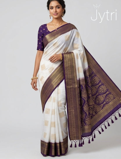 Off White Saree with Zari Work and Tassels