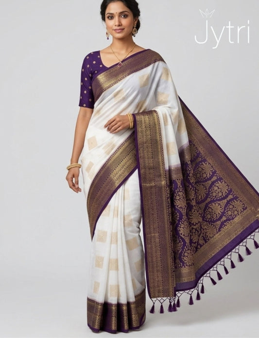 Off White Saree with Zari Work and Tassels