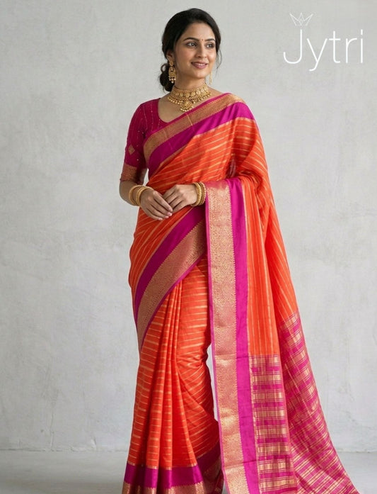 Orange and Pink Zari Border Saree