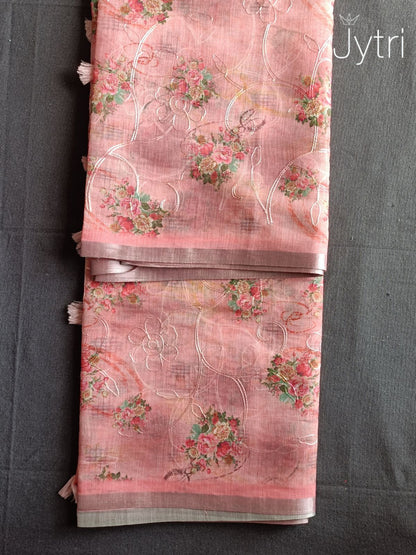 Parrot Pink Silver Zari Border Linen Cotton Saree