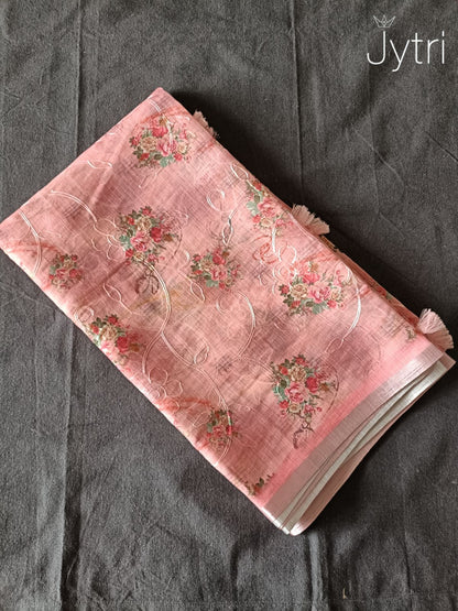 Parrot Pink Silver Zari Border Saree