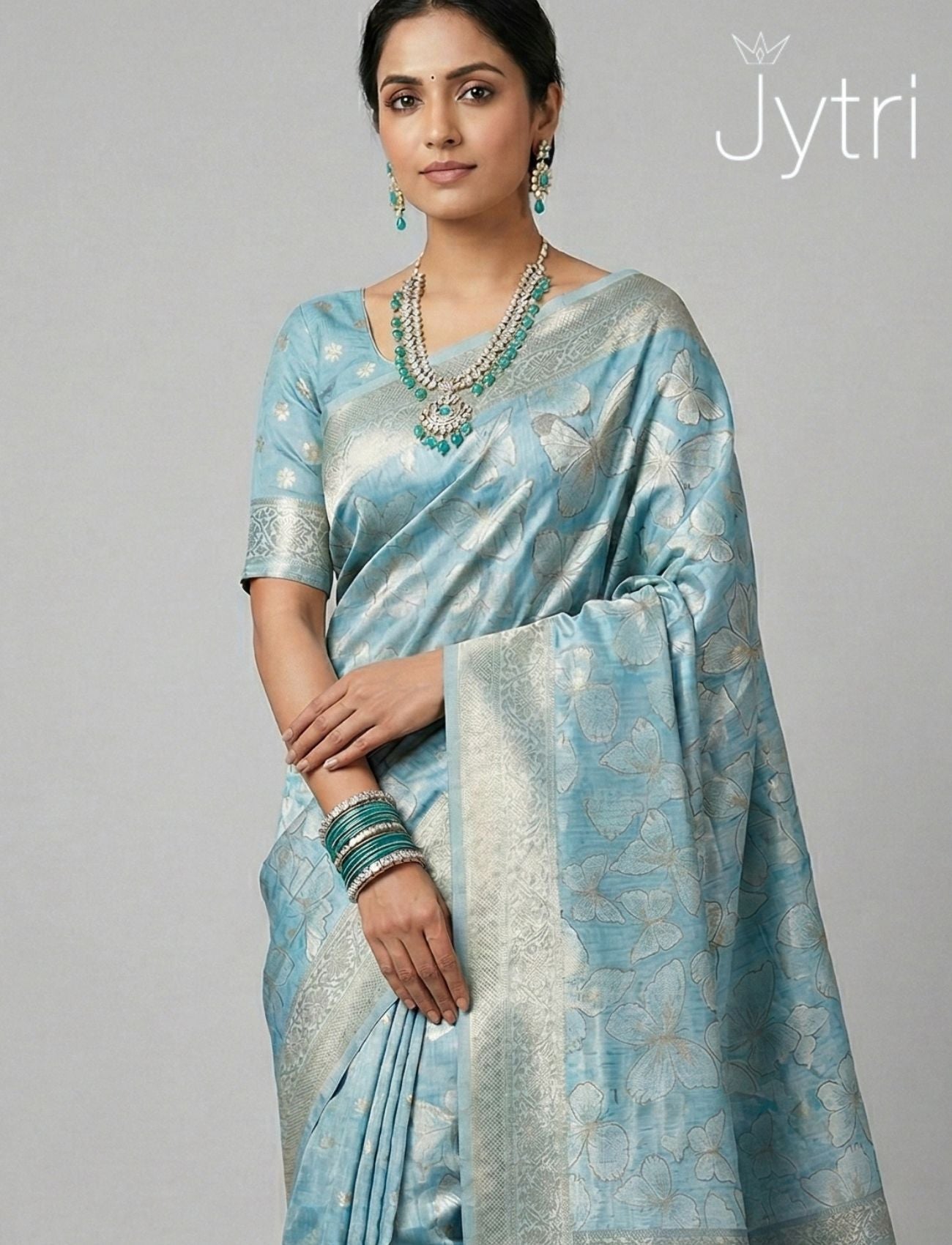 Pastel Blue Saree with Zari Border