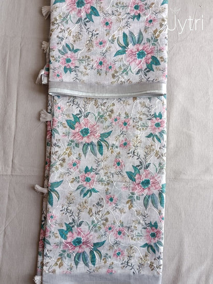 Pastel Grey Silver Zari Border Linen Cotton Saree
