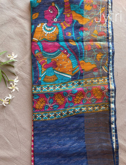 Pink Kalamkari Print Saree with Blue Border