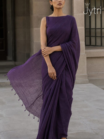 Purple Plain Cotton Saree with Tassels