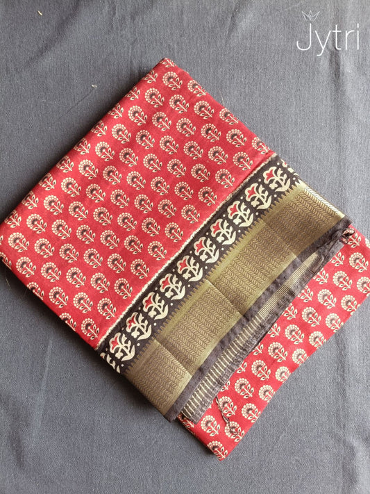 Red Mulmul Cotton Saree with Golden Border