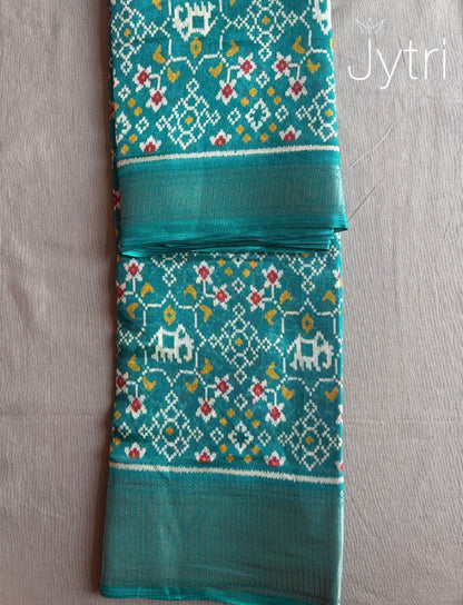 Teal Blue Ikat Print Saree