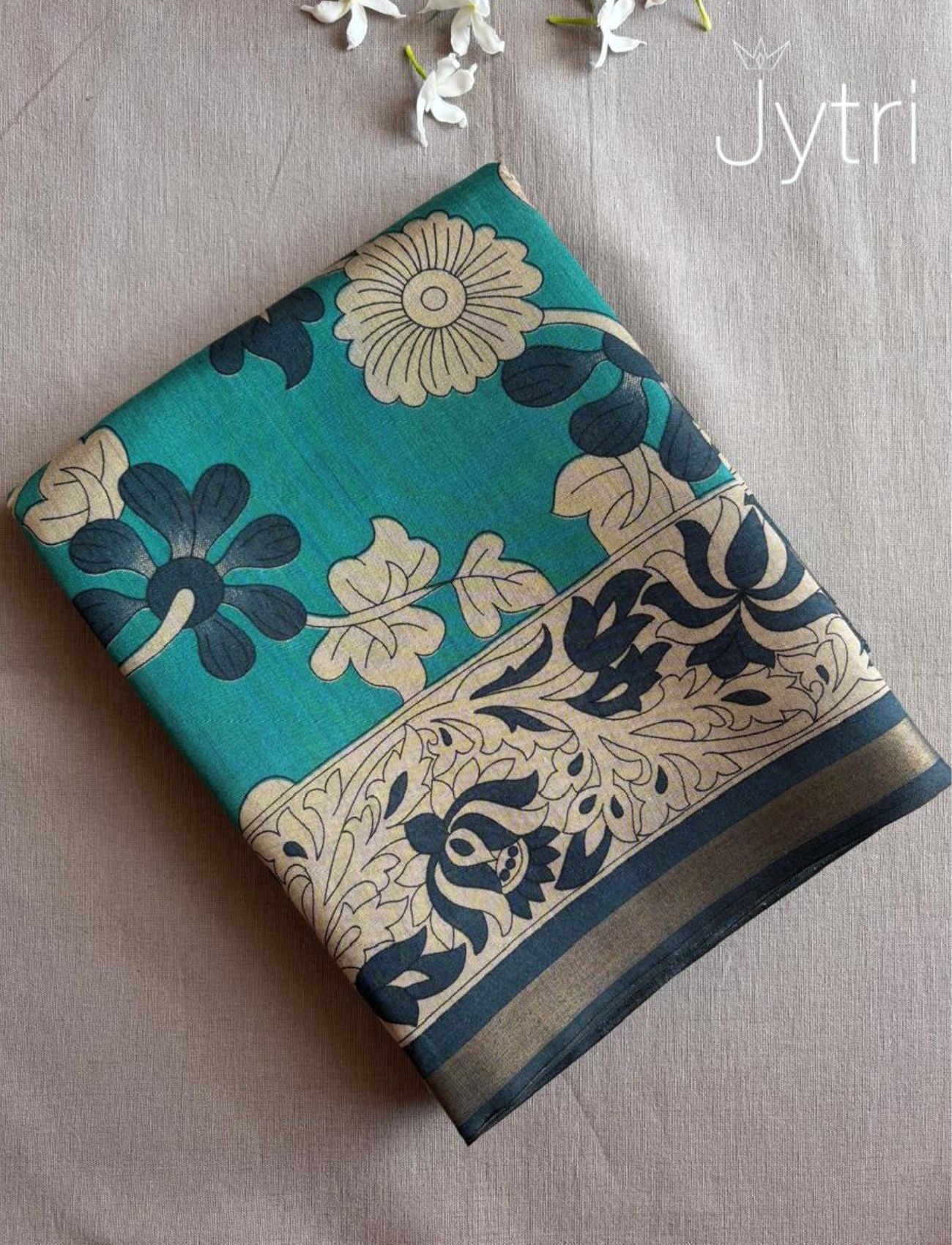 Teal Blue Mulmul Cotton Saree