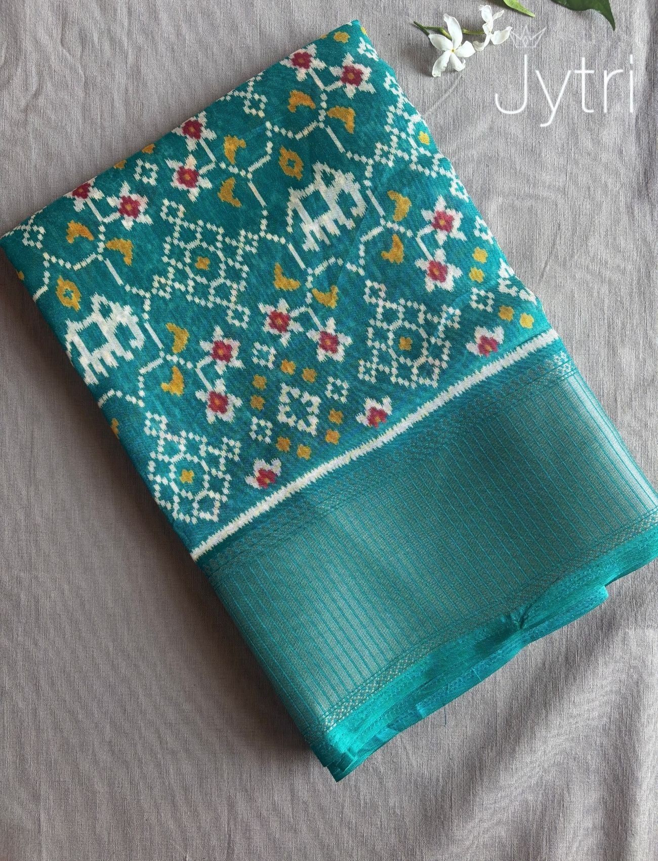 Teal Blue Saree with Ikat Prints