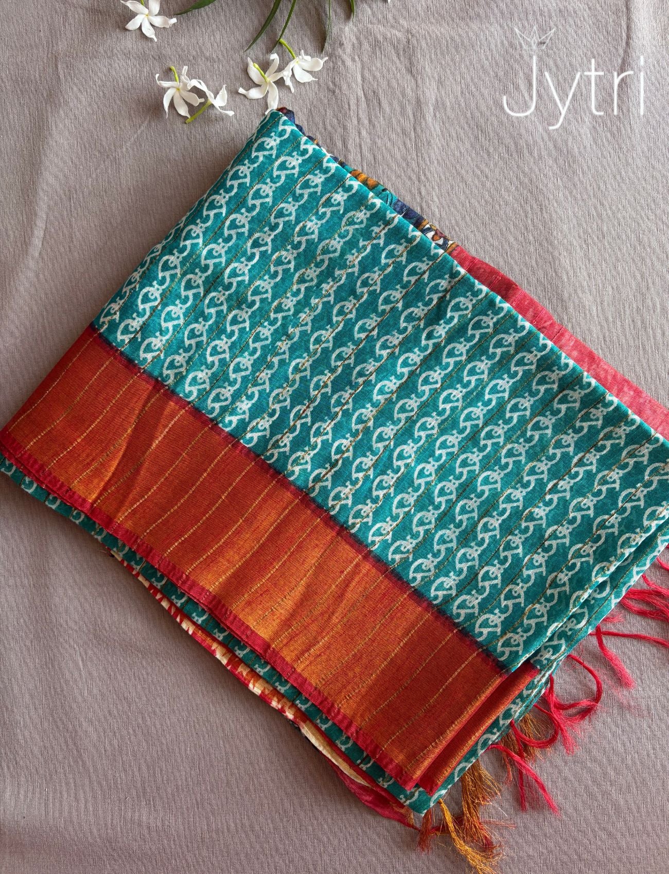 Teal Green Saree with Kalamkari Print