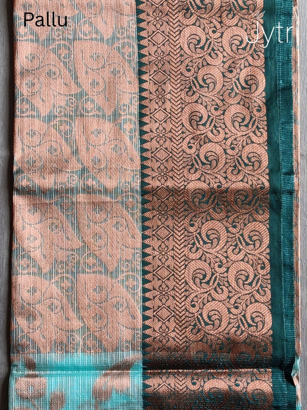 Turquoise Green Manipuri Cotton Saree  Pallu
