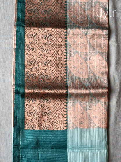 Turquoise Green Saree with Copper Zari Work and Tassels