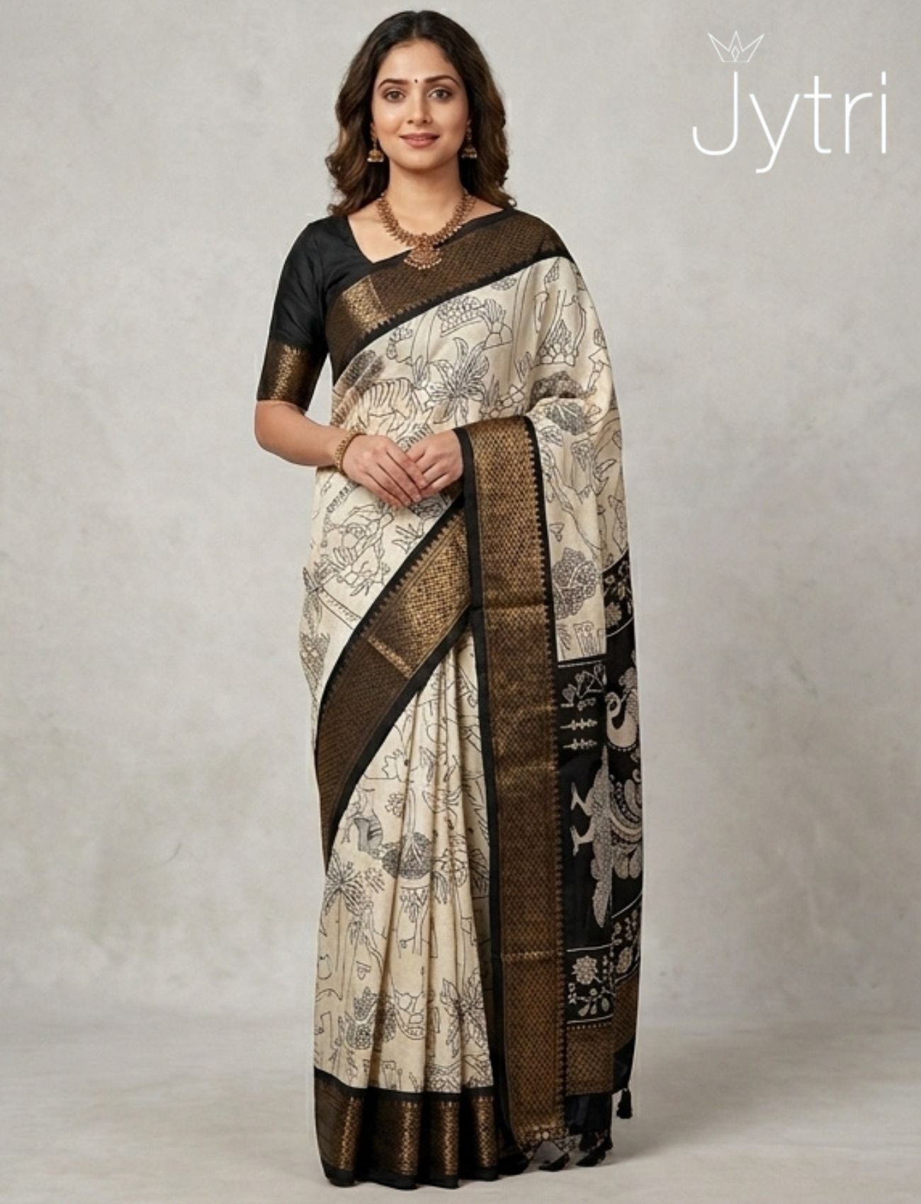 White and Black Print Saree
